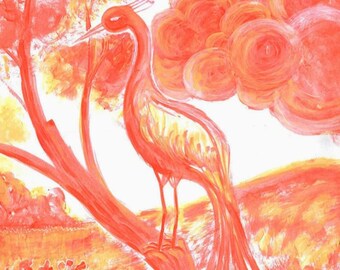 Könnte beinhalten: Ein Gemälde, das einen langhalsigen Vogel auf einem Baumzweig zeigt. Das Kunstwerk verwendet eine warme Farbpalette aus leuchtenden Orange-, Rot- und Gelbtönen. Der Vogel hat einen langen Schwanz und ist von stilisierten Wolken und Blättern in ähnlichen Tönen umgeben.