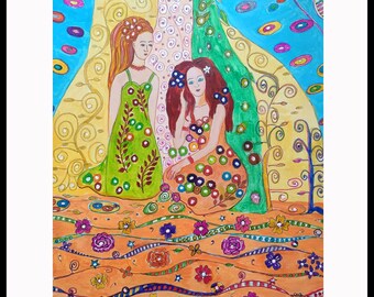 May include: Two women with long hair are depicted in a colorful painting. The woman on the left wears a green dress with floral patterns. The woman on the right wears a yellow dress with colorful polka dots. The background is a vibrant mix of yellow, green, blue, and orange with swirling patterns and flowers.