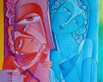 large painting, cubism, Large wall art Picasso style Modern art  " Musical Duet " 35.2 x 30.9 inch(89.5 x 78.5 cm)