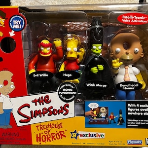 May include: The Simpsons Treehouse of Horror playset features four exclusive figures: Evil Willie, Hugo, Witch Marge, and Donuthead Homer. The set includes an interactive environment with voice activation and requires 3 AA batteries.