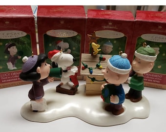 Peanuts 50th Anniversary Vintage Hallmark Christmas Ornament Set of 4 and Base New In Boxes Snoopy Charlie Brown Lucy Linus Woodstock
