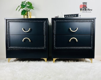 Modern Gold Legs 2-Drawer Storage Black Nightstand, Black End Tables, Contemporary Furniture, Painted Coal Black Fusion Mineral Paint