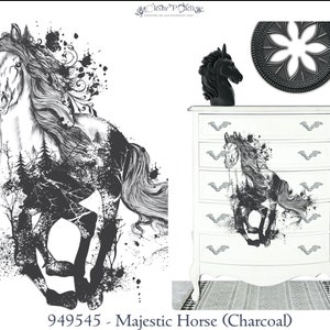 May include: A black and white illustration of a horse running through a forest. The image is on a white background and is part of a stencil sheet. The sheet size is 91.44 cm by 60.69 cm. The stencil is called "Majestic Horse (Charcoal)" and the product number is 949545.