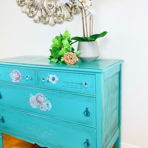 SOLD SAMPLE Do Not Purchase Vintage console, refinished buffet,teal blue farmhouse sideboard, antique finish. Entry table French Country image 3