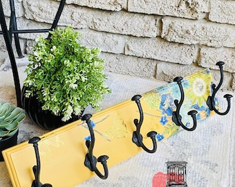 SOLD- Do Not Purchase;  Decorative 5 Hook Wall Mounted Coat Rack, Painted Yellow with Blue Flower Transfer. Modern Home Entryway Organizer.