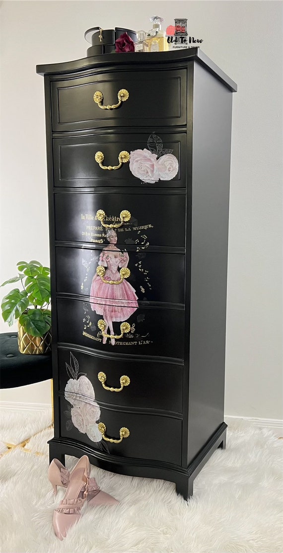 Elegant 7 Drawer Designer Black Lingerie Dresser Painted With Coal