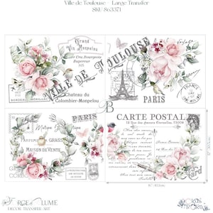 Könnte beinhalten: Ein großer, weißer Dekor-Transferbogen mit Vintage-Designs aus Frankreich. Er zeigt rosa Rosen, Schmetterlinge und Vögel, zusammen mit französischem Text und Illustrationen des Eiffelturms. Der Bogen misst 30,5 cm x 26,7 cm.