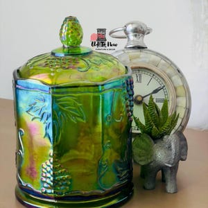 Vintage Green Iridescent Carnival Glass Candy Dish & Lid, Indiana Glass Grape Harvest Dish.