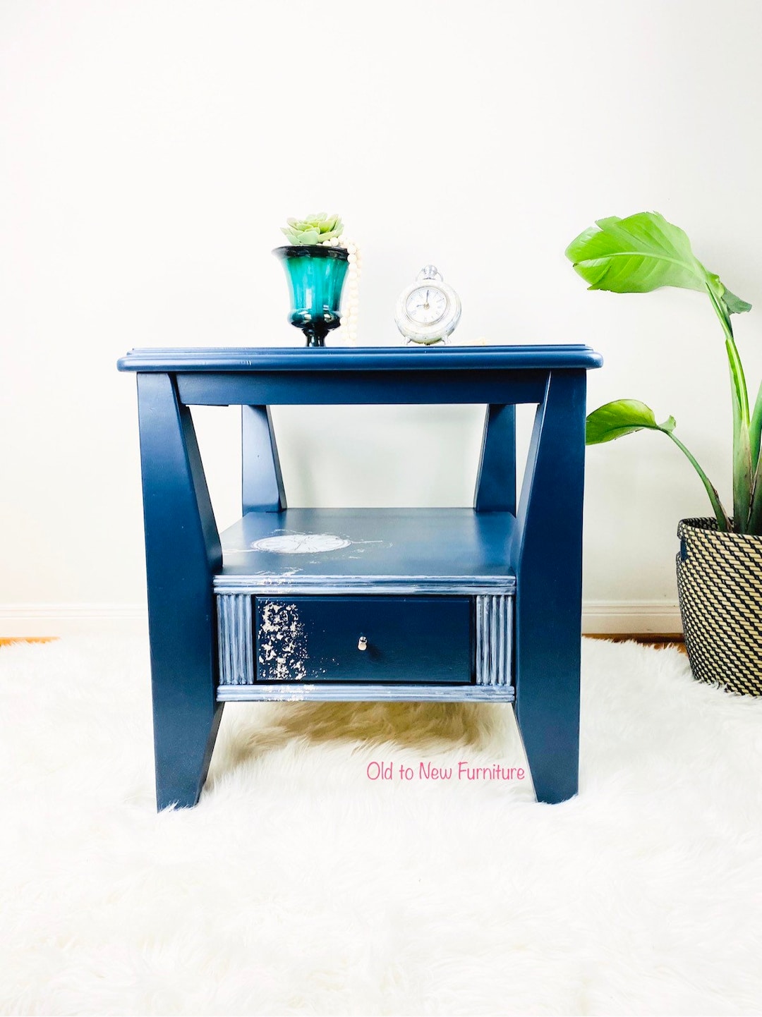 Stunning Blue End Table With Glass Top Painted With Fusion Mineral