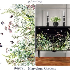 Hokus Pokus Transfer - Marvelous Gardens Furniture Transfer, Landscape Size; a medley of floral greens, butterflies & flowers.