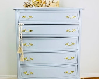 SOLD - Do not purchase; Painted Grey French Provincial Armoire: Gold Hardware, Tall Dresser (48")