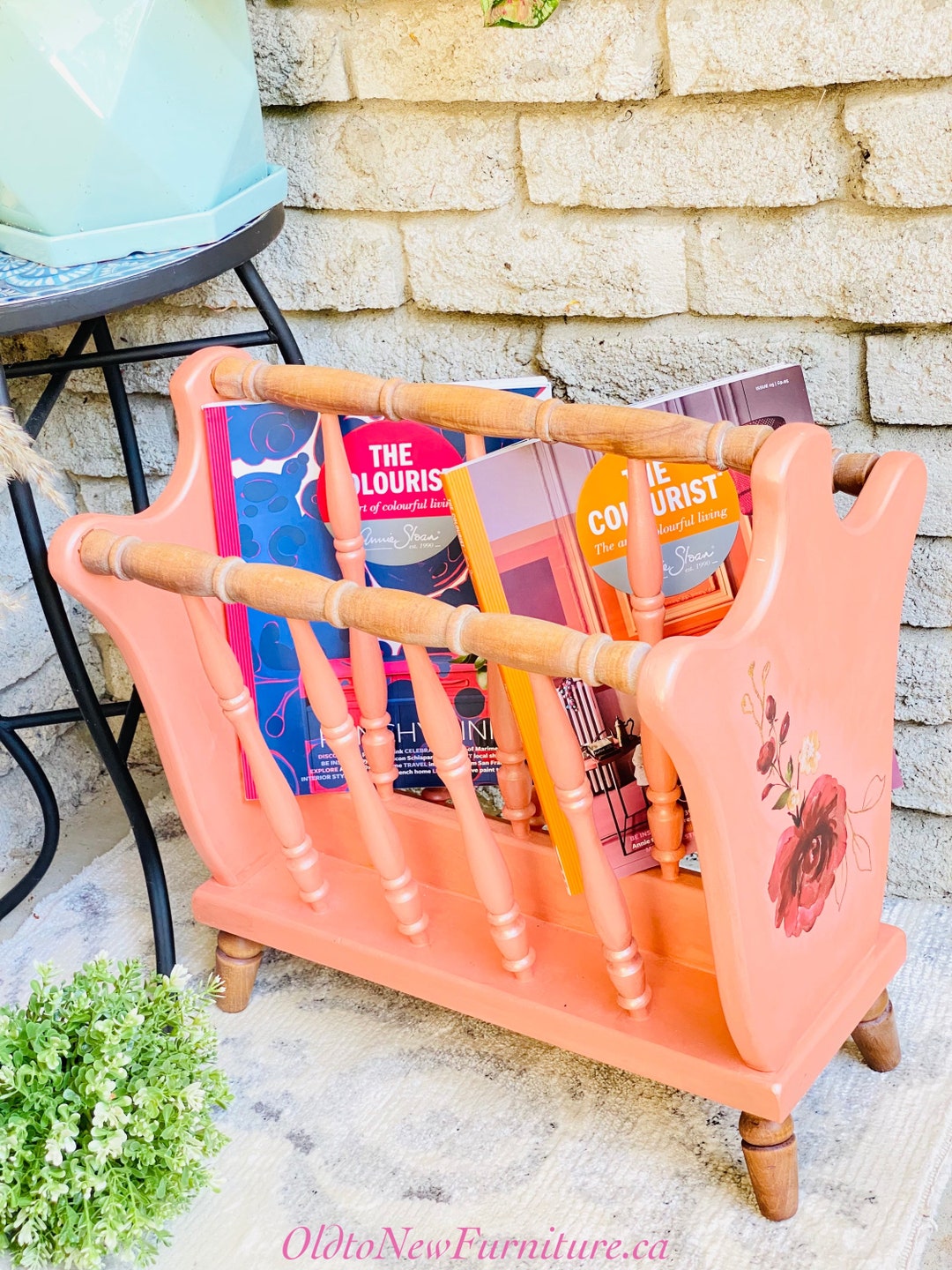 Colorful Magazine Rack Contemporary Magazine Rack Painted Peach With Floral Transfer and Wood ...