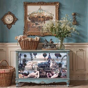 Hokus Pokus Decor Transfers - Let’s Go To The Merry-Go-Round Rub on Transfer; horses carousels & air balloons.