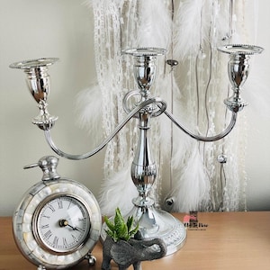 Polished Silver Twisted 3 Arm Candelabra; 1 Available, Silver Home Decor, Silver Table Decor