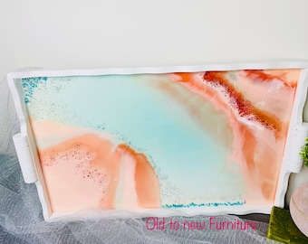 Marble like Rectangular Resin Tray, Resin style Tray, Art tray in Peach and blue colors, Resin style tray #cyberweek