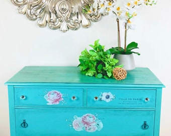 SOLD- SAMPLE; Do Not Purchase- Vintage console, refinished buffet,teal blue farmhouse sideboard, antique finish. Entry table French Country