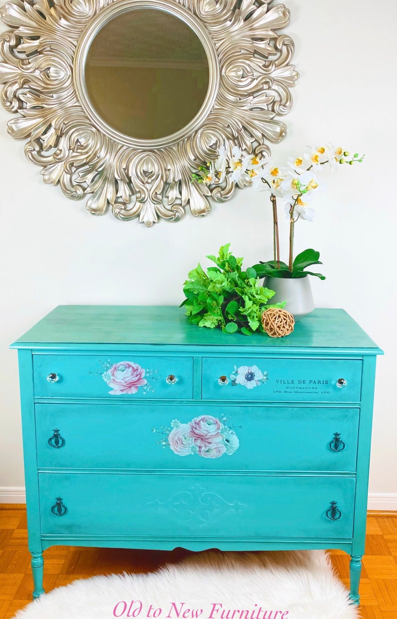 SOLD SAMPLE Do Not Purchase Vintage console, refinished buffet,teal blue farmhouse sideboard, antique finish. Entry table French Country image 1