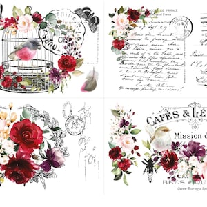 Transferência Hokus Pokus - Transferência para móveis Cage a’Oiseaux; Grande corte em 4 pedaços, transferência para esfregar, rosas vermelhas, rosas e lindas flores.