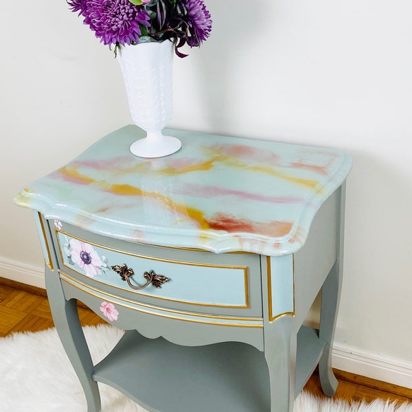 Stunning Marbled Epoxy Top French Provincial End Table Painted Grey with Gold & Flower Accents, Toronto Furniture, Canadian Furniture.