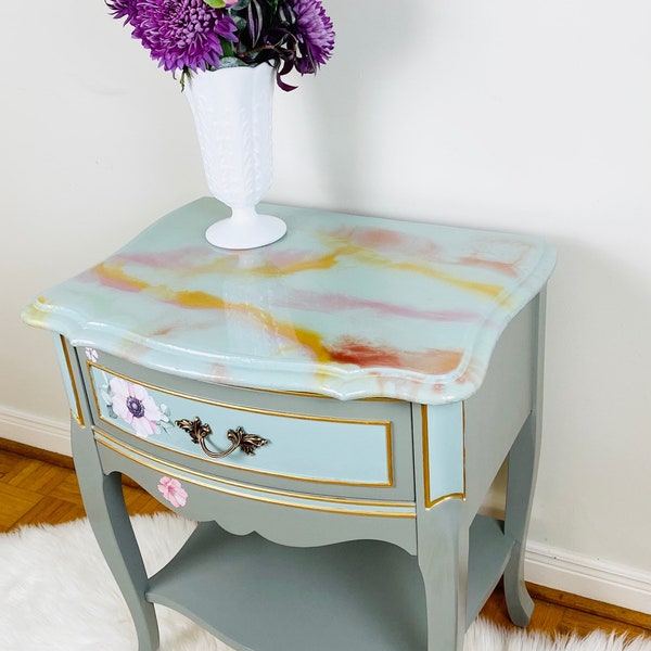 SOLD- do not purchase, Stunning Marbled Epoxy Top French Provincial End Table Furniture painted grey, Canadian Furniture, Toronto Furniture