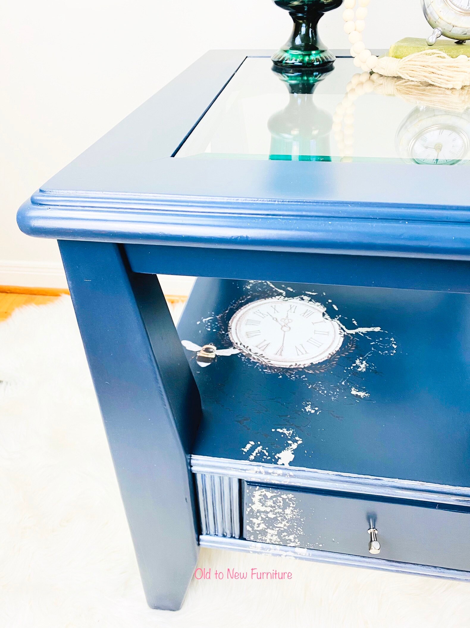 Stunning Blue End Table With Glass Top Painted With Fusion Etsy Canada