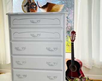 SOLD- no longer available. Stunning! Grey Painted Antique French Provincial Armoire, 5 drawer Dresser, shabby chic,