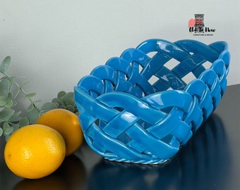 Primo'Gi Ceramic Blue Woven Fruit, Bread Basket, Home Decor Accent, Blue Decor, Fruit Lattice Pattern.