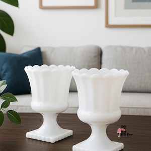 Vintage (Set of 2) Milk Glass Pedestal Vases – Scalloped Edge Mid-Century Home Décor - Fluted Milk Glass, Hazel-Atlas Glass Urn.