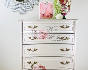 Sold- No Longer Available; Spectular Five Drawer French Provincial Armoire Painted Taupe with Floral Transfer. Blush Color