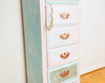 SOLD!! Gorgeous 6 Drawer Lingerie Chest Painted a combination of Pink & Teal colors with Decoupage Paper