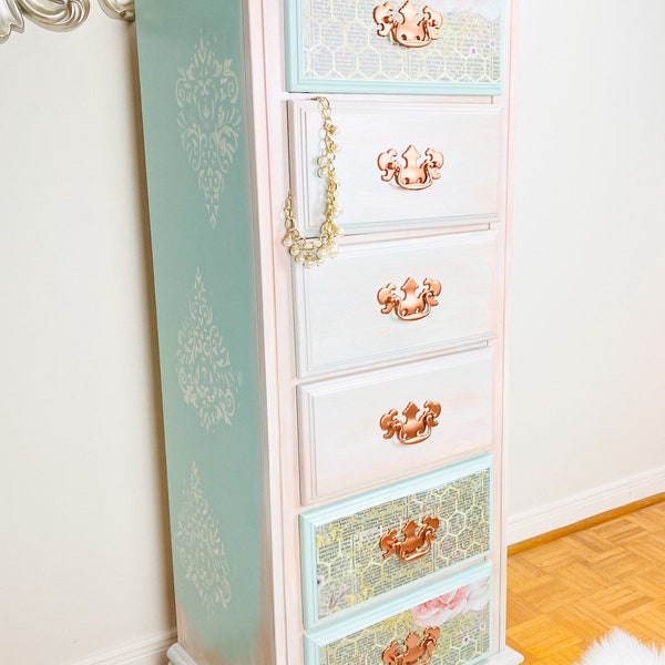 SOLD!! Gorgeous 6 Drawer Lingerie Chest Painted a combination of Pink & Teal colors with Decoupage Paper