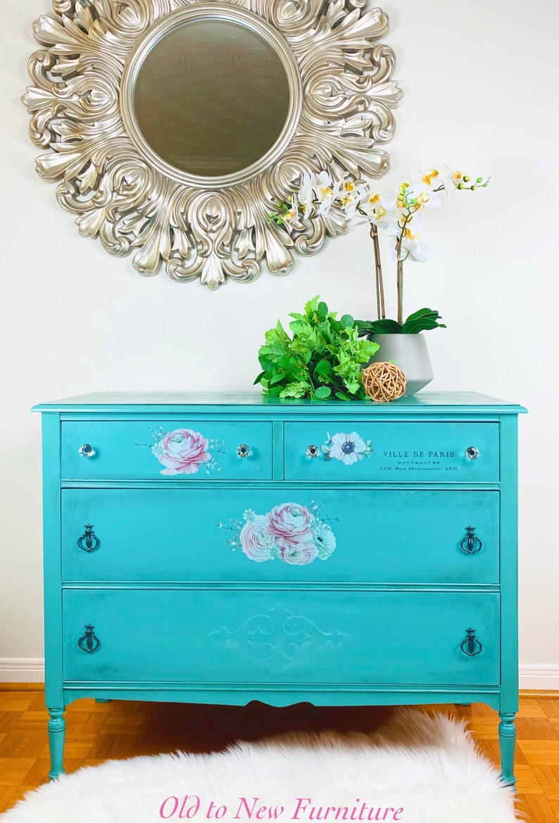 SOLD SAMPLE Do Not Purchase Vintage console, refinished buffet,teal blue farmhouse sideboard, antique finish. Entry table French Country image 2