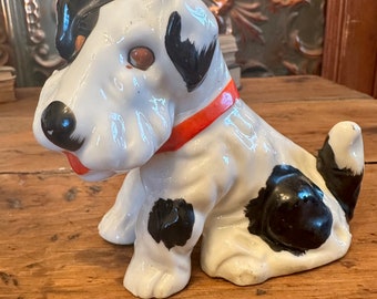 Vintage, black and white Terrier / Scottie dog with red collar coin bank, made in Japan