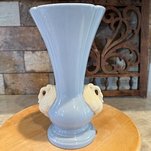 May include: A light blue ceramic vase with a fluted top and a bulbous base. The vase features two cream-colored, sculpted, decorative elements on either side. The vase is sitting on a wooden surface.