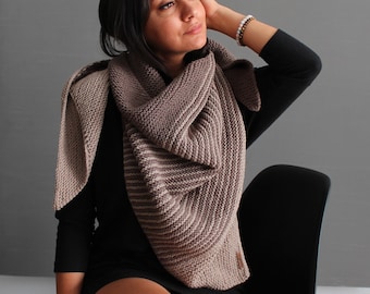 Triangle Hand Knitted Scarf| Oversized Wrap Scarf| Beige, Brown, Nude, Tan| Vegan