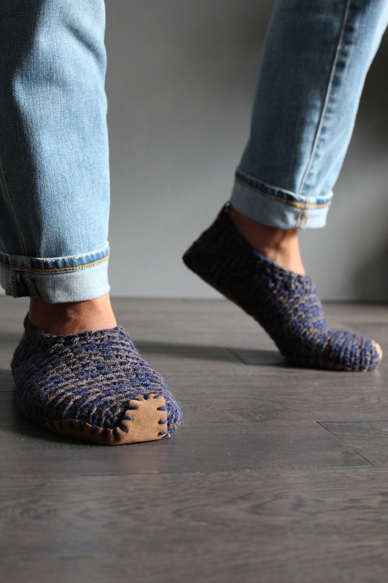 Crochet Slippers with Soles Vegan Handmade Navy Blue