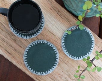 Circle Coaster Set| Round Coaster Set| Sustainable Leather Coasters| Forest Green| Camel Brown| Beer Coaster| Drink Coaster| Wedding| Gift