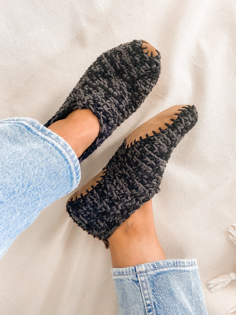 Crochet Slippers with Soles Vegan Handmade Black