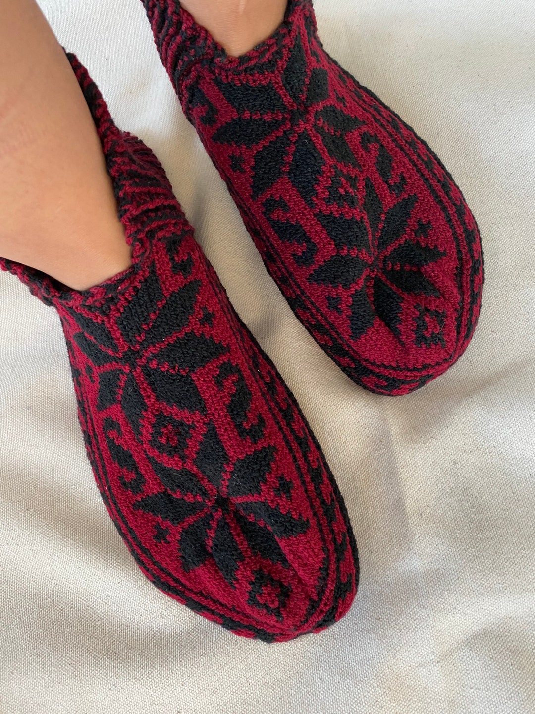 Wool Home Slippers Norwegian Selbu Pattern Handknit Womens House Shoes With  Heart Christmas Gift for Her Seamless Scandinavian Slipper Socks 