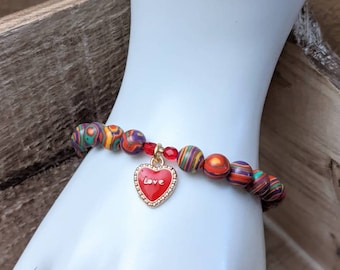 Valentine's Day Charm Bracelet. Rainbow Malachite Heart Charm Bracelet. Red Heart Charm Bracelet. Beaded Stretch Bracelet.