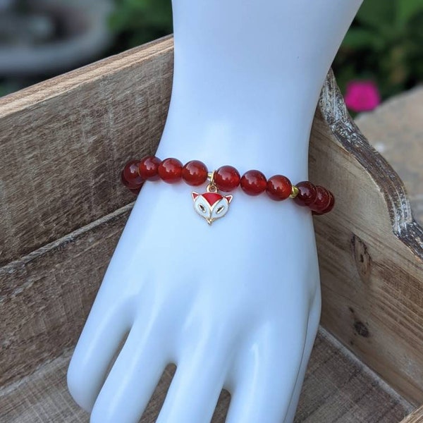 Fall Bracelet. Fox Charm Bracelet. Carnelian Bracelet. Fall Fox Charm Stretch Bracelet. Autumn Bracelet. Autumn Charm Bracelet. Enamel Charm