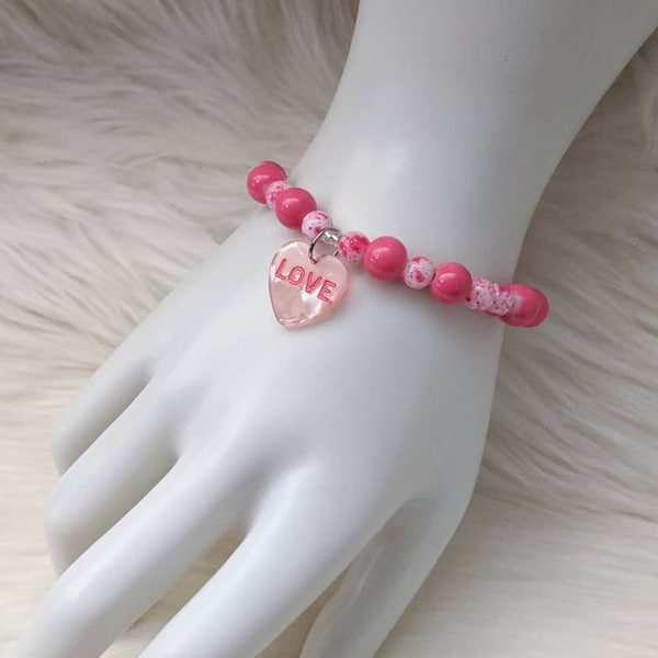 Conversation Heart Charm Bracelet. Lucite Heart Charm Bracelet. Pink Heart Charm Bracelet. Pink and White Charm Bracelet. Stretch Bracelet