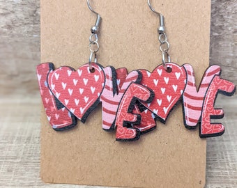 Valentine Earrings. Love Earrings. Wood Love Charm Earrings. Love Earrings. Valentine Charm Earrings