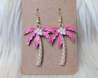 Large Tropical Earrings. Large Flamingo Earrings. Large Pink Palm Tree Earrings. Tropical Vacation Earrings