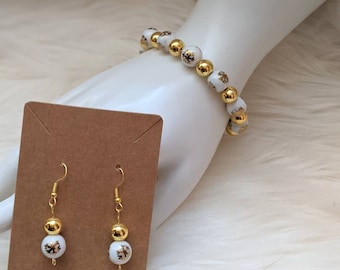 Gold Snowflake Beaded Bracelet and Earrings Set