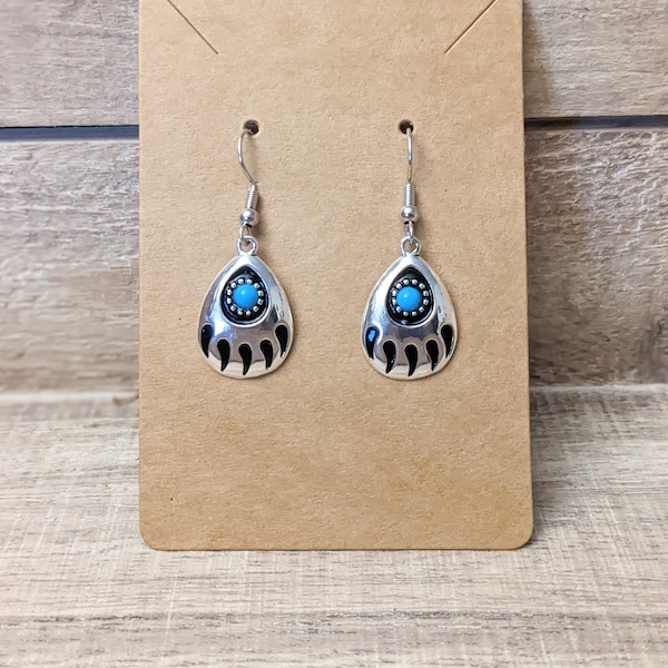 Smoky Mountain Bear Paw Earrings. Cherokee Turquoise Bear Paw Earrings. Smoky Mountain Earrings. Native Indian Style Bear Paw Earrings
