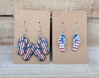 4th of July Earrings. American Flag Flip Flop Earrings. Patriotic Earrings. Flip Flop Earrings. Red White and Blue Earrings. Rhinestones