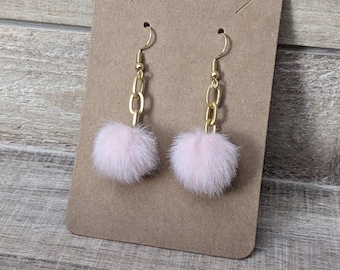 Pink Pom Earrings. Fuzzy Pink Earrings. Pom-Pom Earrings.  Pink Pom-Pom Earrings. Pink and Gold Chain Earrings.