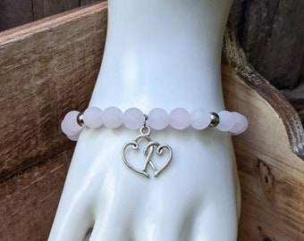 Rose Quartz Heart Charm Bracelet. Valentine's Charm Bracelet. Heart Charm Bracelet. Rose Quartz Bracelet. Beaded Stretch Bracelet