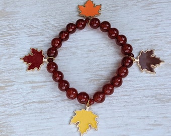 Fall Leaf Charm Stretch Bracelet. Carnelian Stretch Bracelet. Carnelian Charm Bracelet. Fall Leaves Bracelet